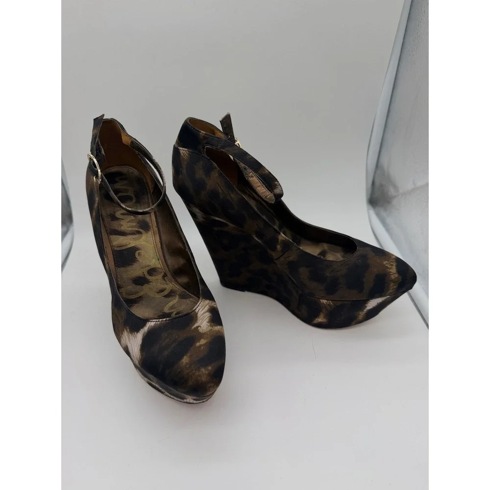 Sam Edelman Quinn Leopard Print Platform Wedge Ankle Strap Heels Brown 7.5M‎